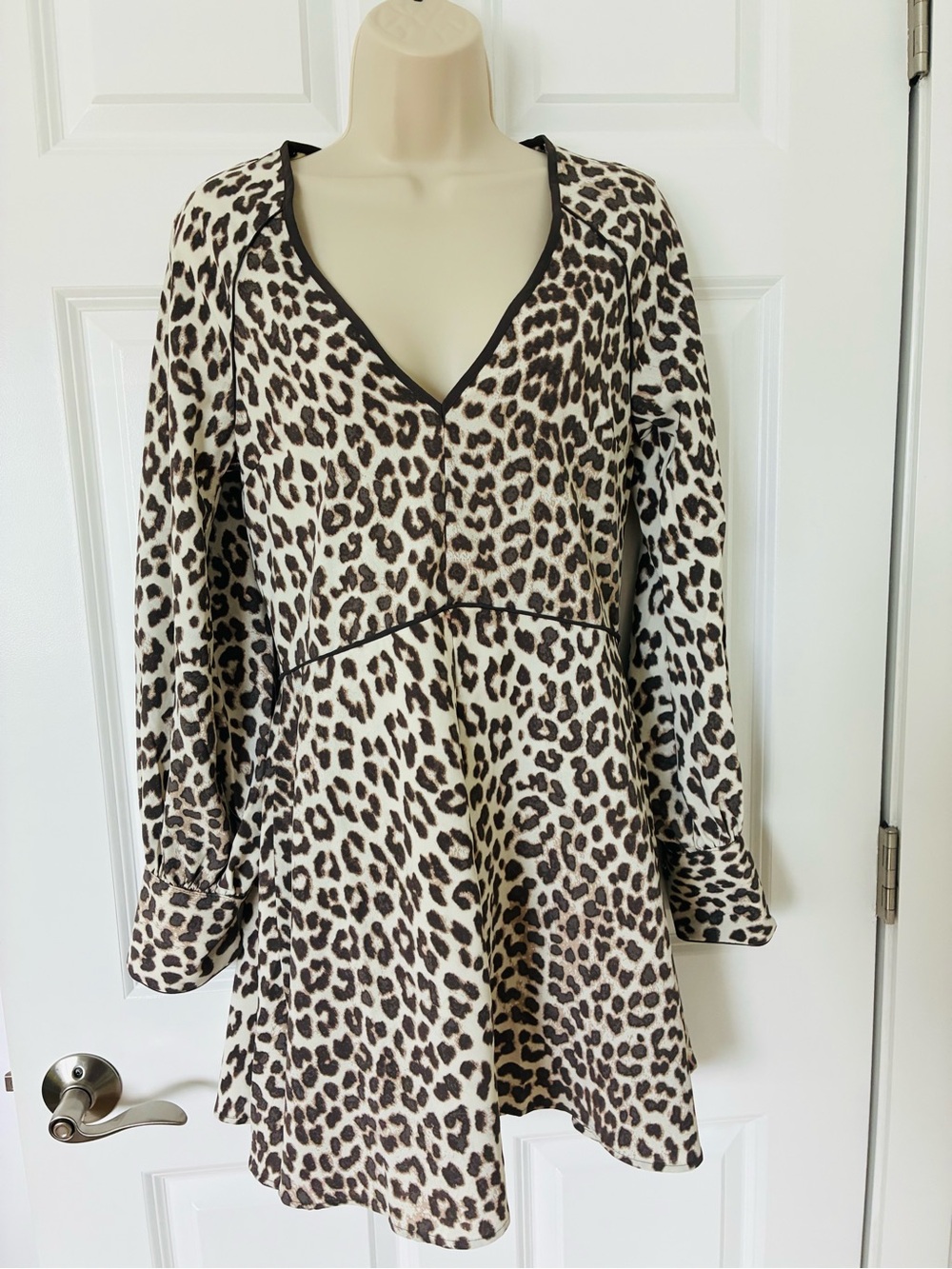 Leopard Print V-Neck Tunic Dress - Ivory & Brown